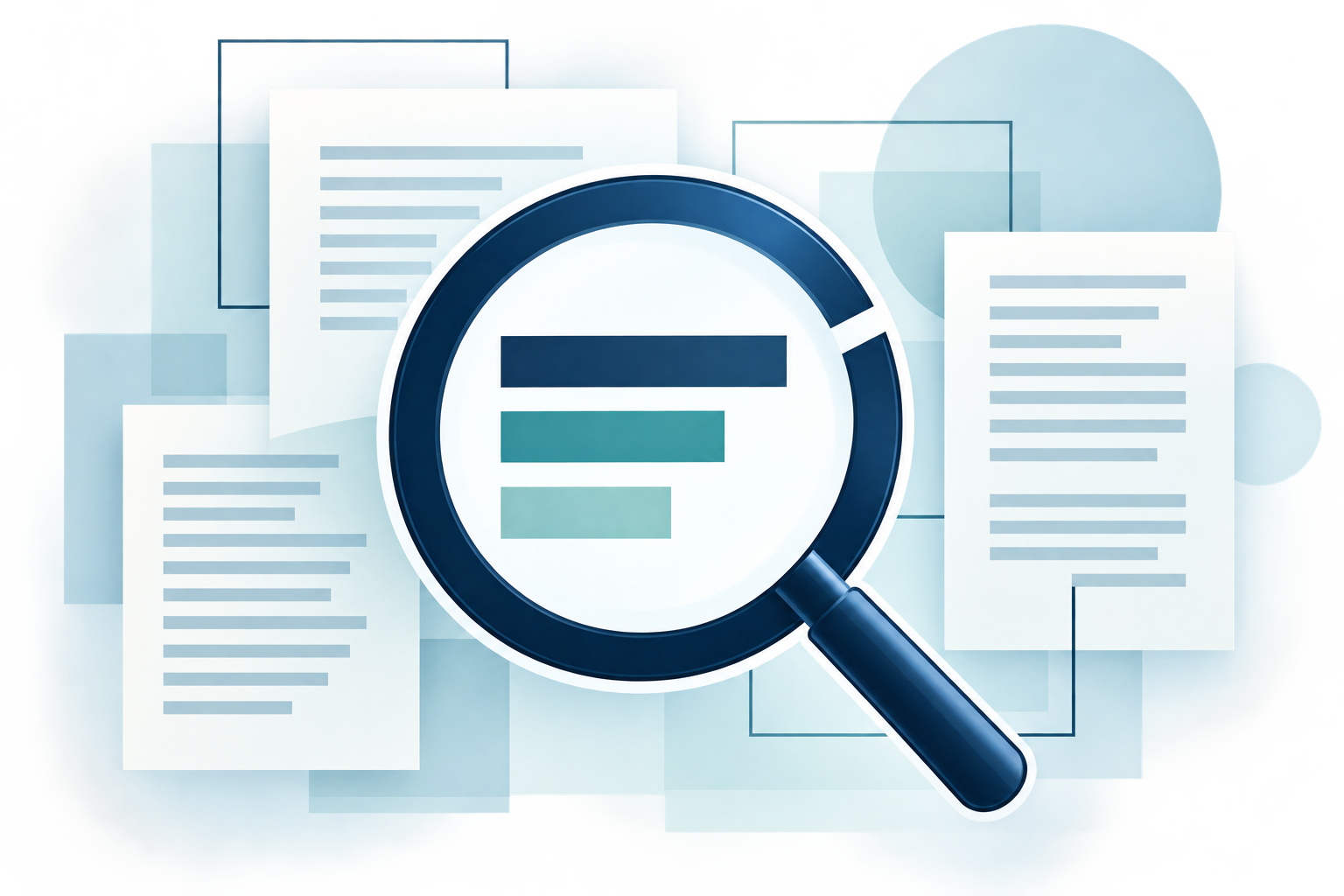 Magnifying glass over layered research documents, symbolizing examination of psychiatric diagnostic evidence